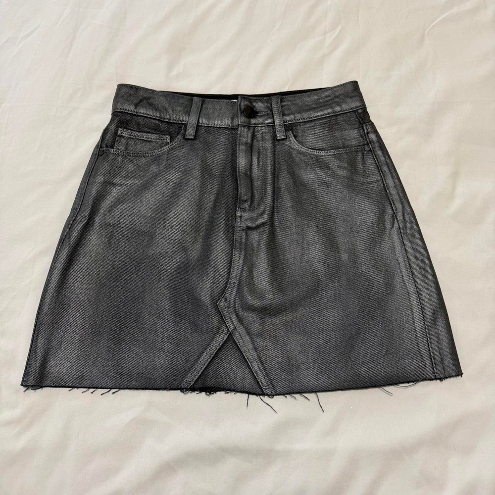 Paige Aideen Coated Cotton Denim Mini Skirt Gray Raw Hem 25